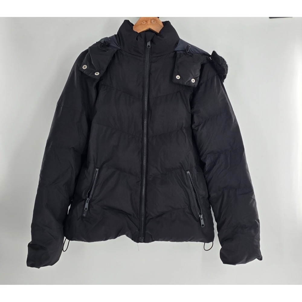 GAP Black Puffer Jacket Medium TALL -Detachable Faux Fur Trim‎ Hood Cinch hem